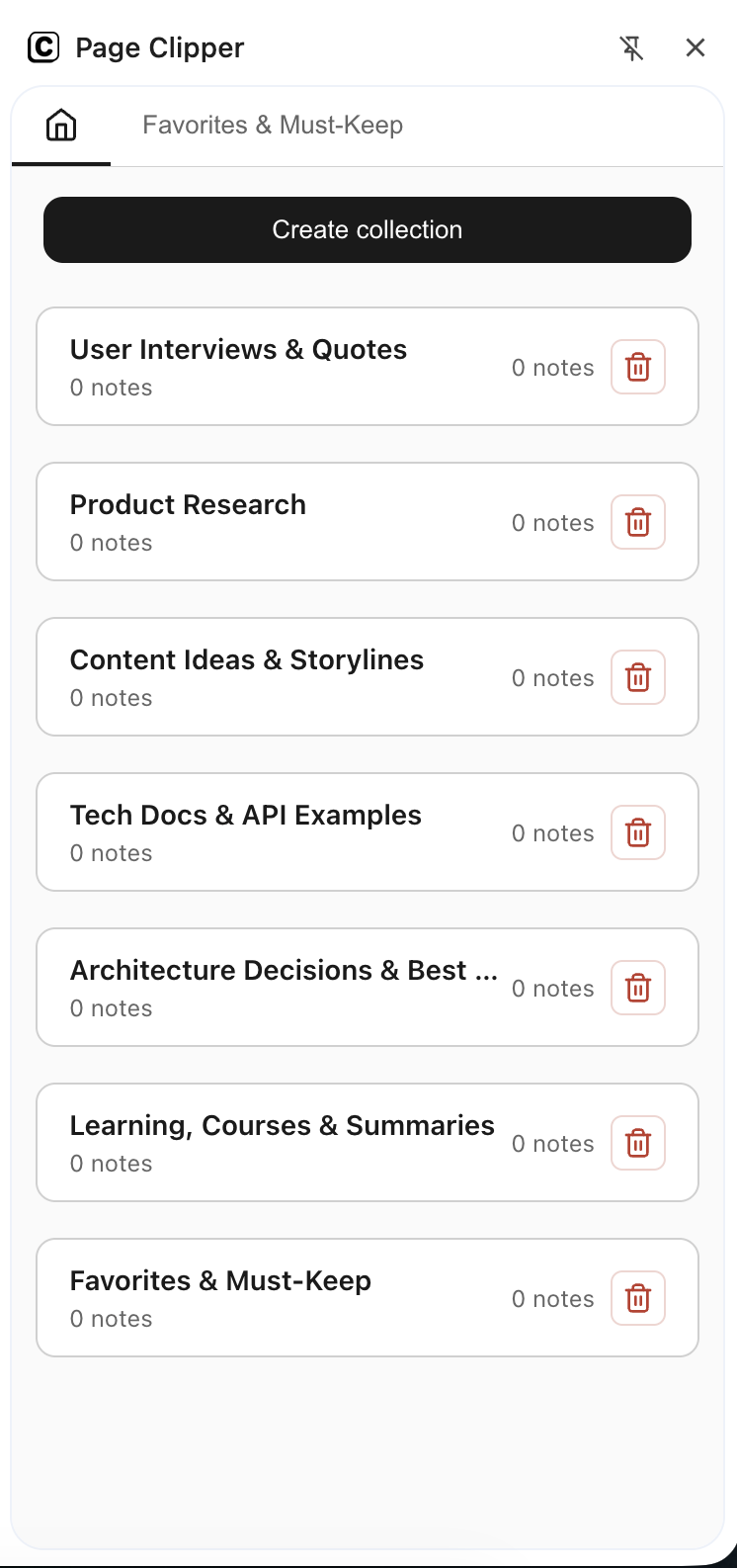 Page Clipper collections — save and organize web clips